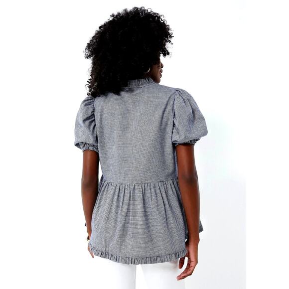 Harshman Houndstooth Aiya Blouse Navy Puffed Sleeve size S - Picture 4 of 6